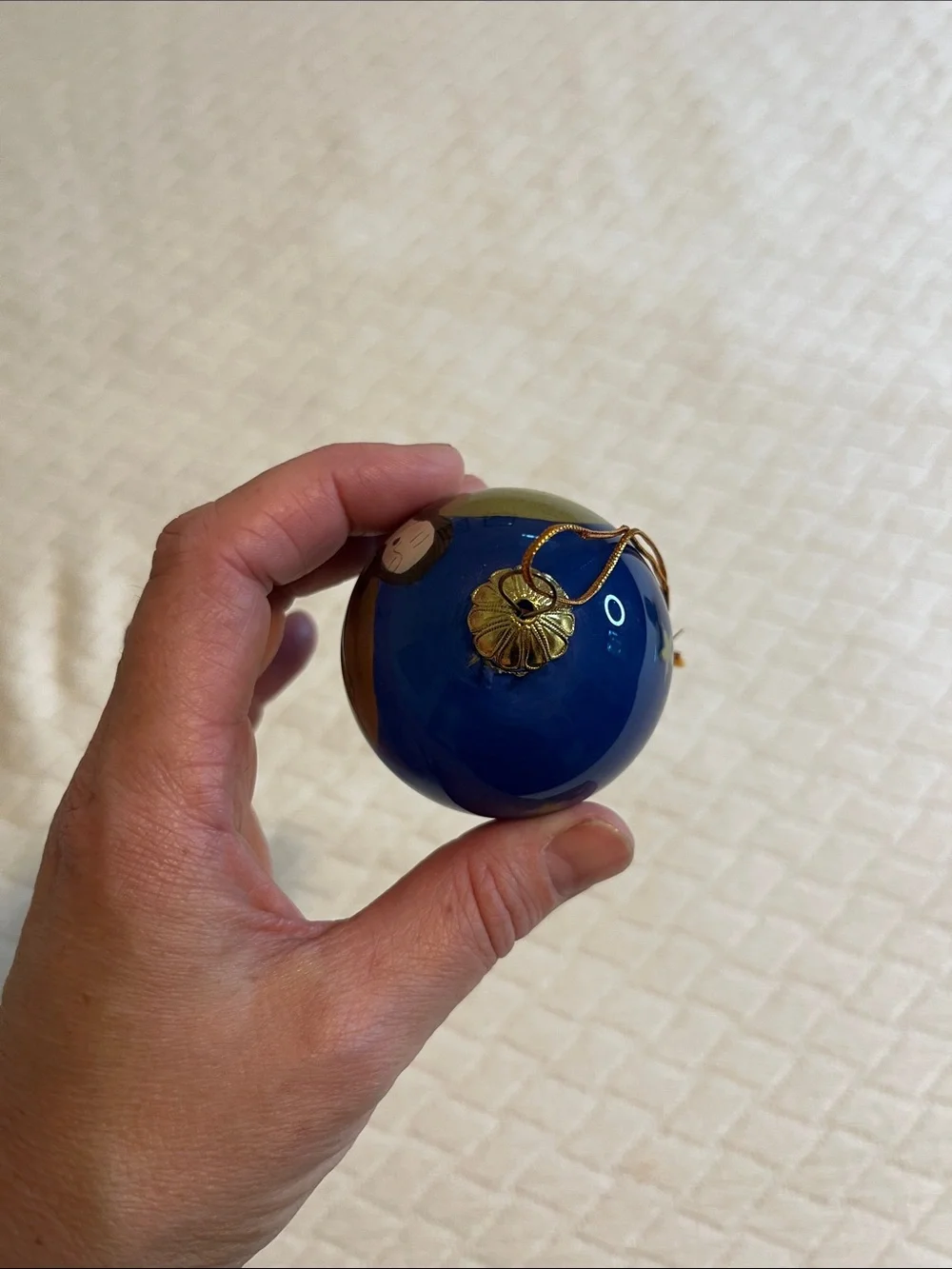 Pier 1 Christmas Angel Blue and Gold Hand-Painted Teardrop Holiday Ornament
